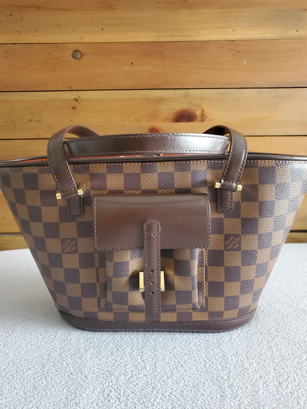 Brown Checkered Tote Handbag with Gold Accents